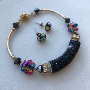 Multicolor crystal and gold bracelet w/ earrings